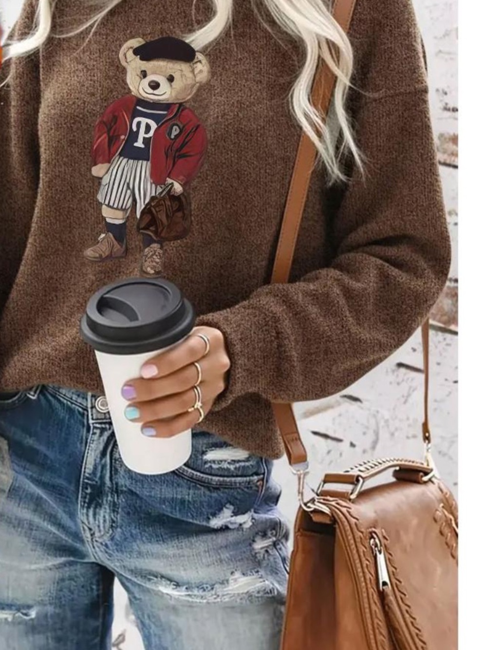 Women's Teddy Bear Crewneck Sweater -Brown